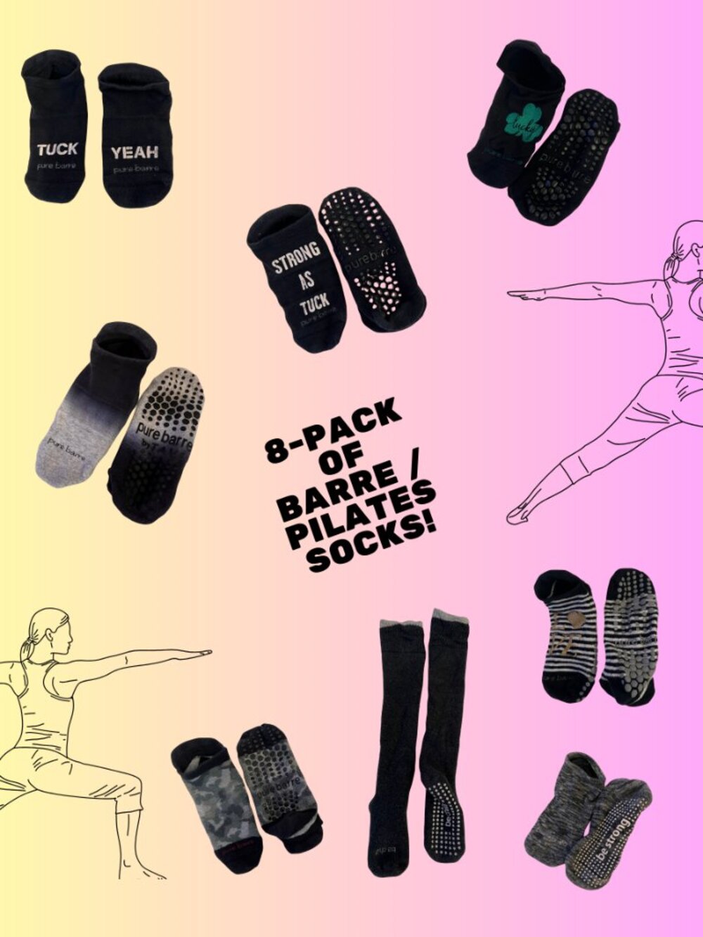 Eight Pack of Barre/Pilates Socks - Pure Barre and Dailey Method - Women’s S/M